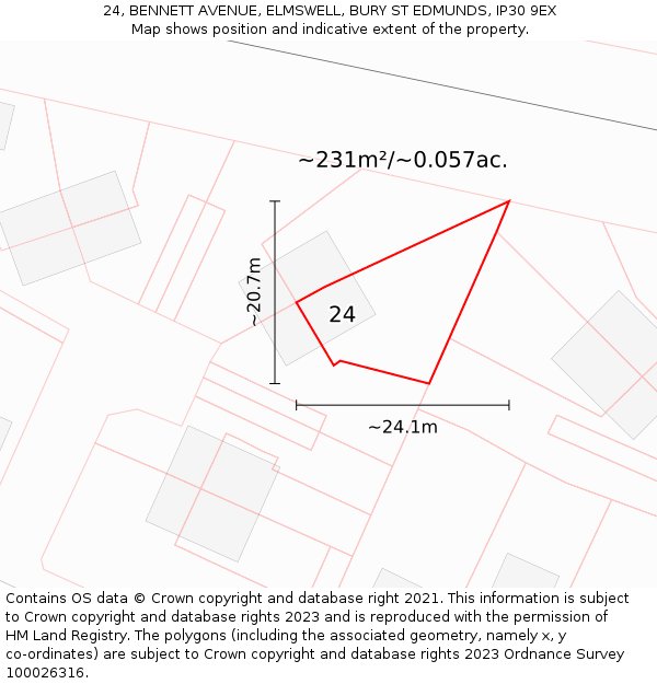 24, BENNETT AVENUE, ELMSWELL, BURY ST EDMUNDS, IP30 9EX: Plot and title map
