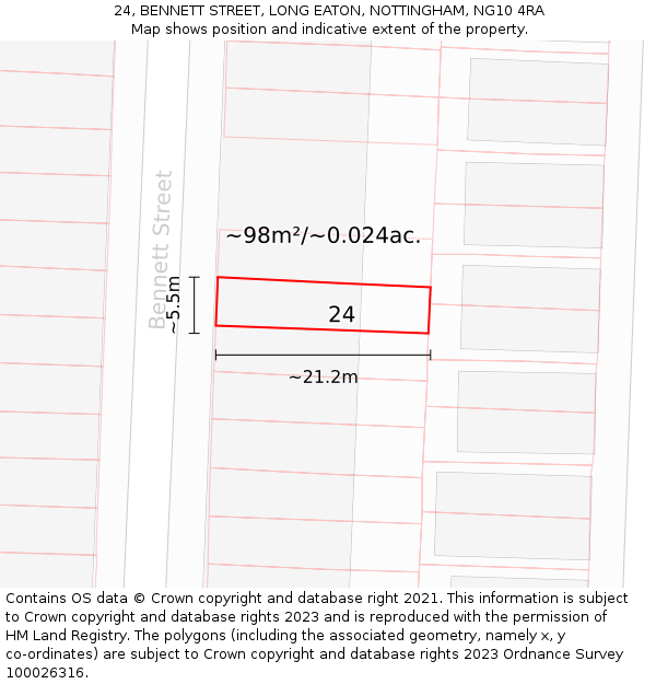 24, BENNETT STREET, LONG EATON, NOTTINGHAM, NG10 4RA: Plot and title map