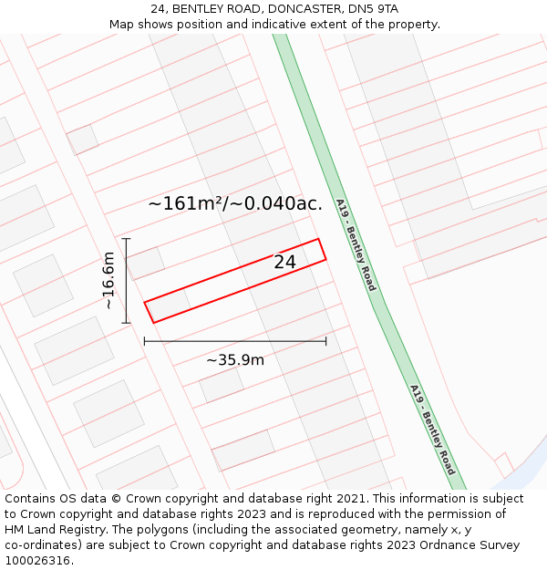 24, BENTLEY ROAD, DONCASTER, DN5 9TA: Plot and title map