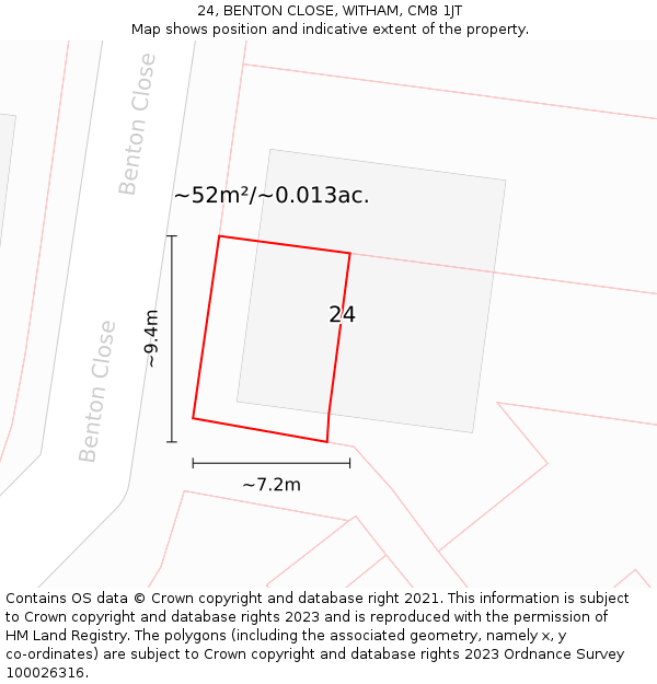 24, BENTON CLOSE, WITHAM, CM8 1JT: Plot and title map