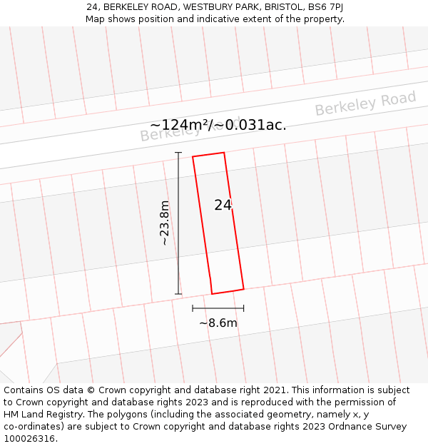 24, BERKELEY ROAD, WESTBURY PARK, BRISTOL, BS6 7PJ: Plot and title map