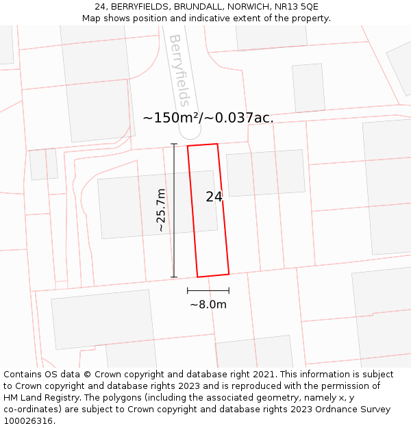 24, BERRYFIELDS, BRUNDALL, NORWICH, NR13 5QE: Plot and title map