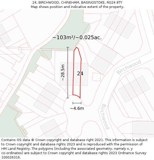 24, BIRCHWOOD, CHINEHAM, BASINGSTOKE, RG24 8TY: Plot and title map