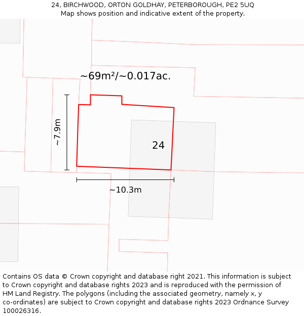 24, BIRCHWOOD, ORTON GOLDHAY, PETERBOROUGH, PE2 5UQ: Plot and title map