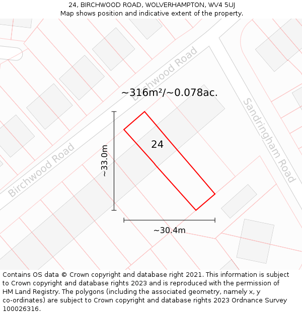 24, BIRCHWOOD ROAD, WOLVERHAMPTON, WV4 5UJ: Plot and title map