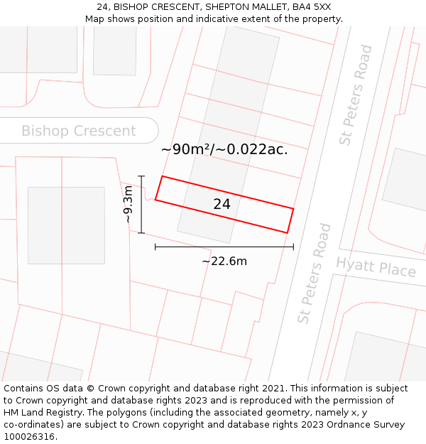 24, BISHOP CRESCENT, SHEPTON MALLET, BA4 5XX: Plot and title map