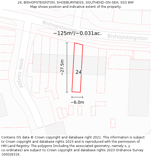 24, BISHOPSTEIGNTON, SHOEBURYNESS, SOUTHEND-ON-SEA, SS3 8AF: Plot and title map