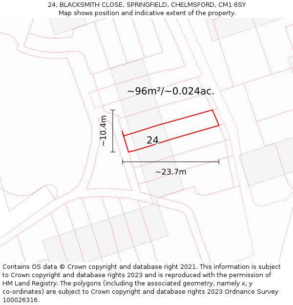 24, BLACKSMITH CLOSE, SPRINGFIELD, CHELMSFORD, CM1 6SY: Plot and title map