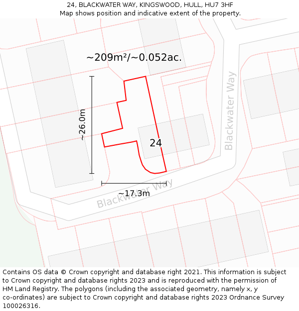 24, BLACKWATER WAY, KINGSWOOD, HULL, HU7 3HF: Plot and title map