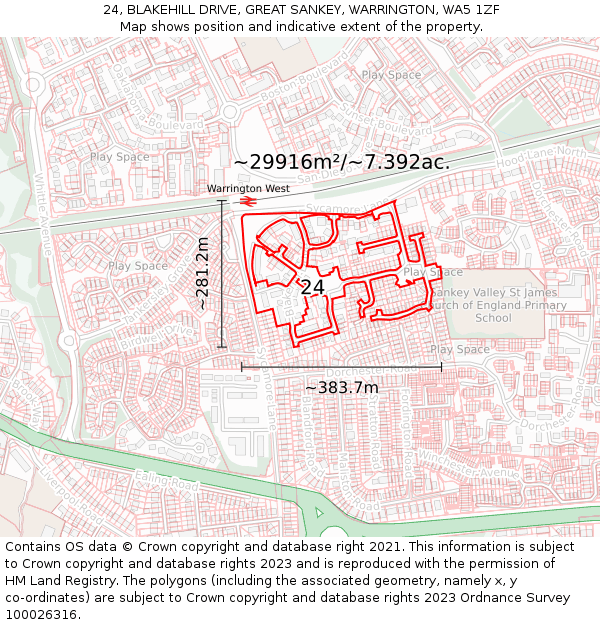 24, BLAKEHILL DRIVE, GREAT SANKEY, WARRINGTON, WA5 1ZF: Plot and title map