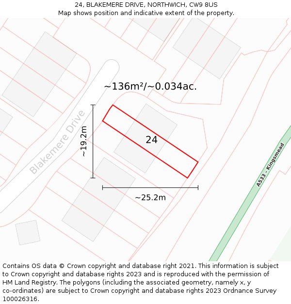 24, BLAKEMERE DRIVE, NORTHWICH, CW9 8US: Plot and title map