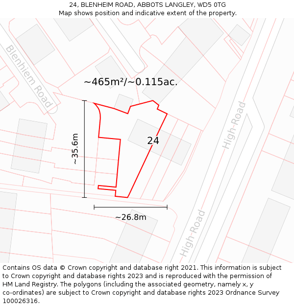 24, BLENHEIM ROAD, ABBOTS LANGLEY, WD5 0TG: Plot and title map
