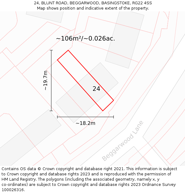 24, BLUNT ROAD, BEGGARWOOD, BASINGSTOKE, RG22 4SS: Plot and title map