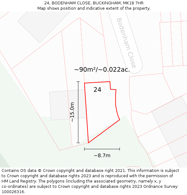 24, BODENHAM CLOSE, BUCKINGHAM, MK18 7HR: Plot and title map