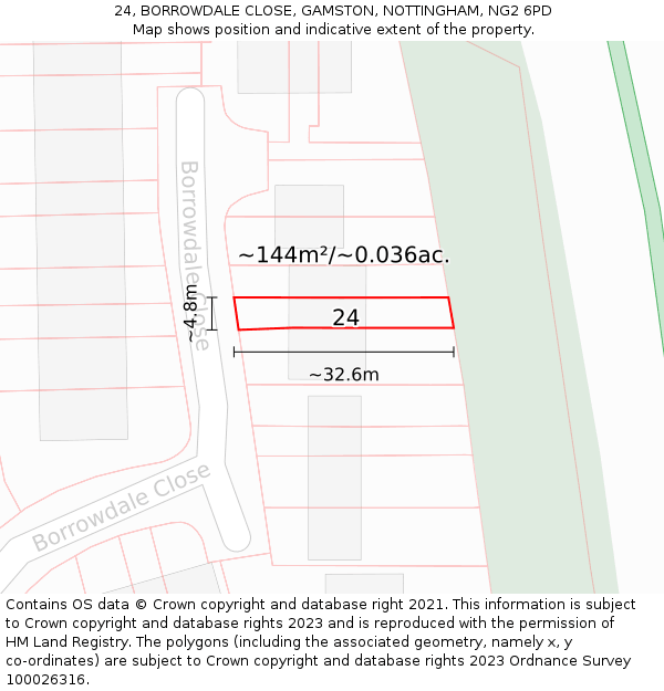 24, BORROWDALE CLOSE, GAMSTON, NOTTINGHAM, NG2 6PD: Plot and title map