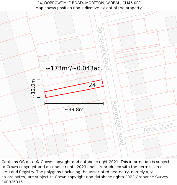 24, BORROWDALE ROAD, MORETON, WIRRAL, CH46 0RF: Plot and title map