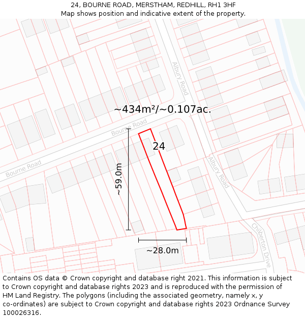 24, BOURNE ROAD, MERSTHAM, REDHILL, RH1 3HF: Plot and title map