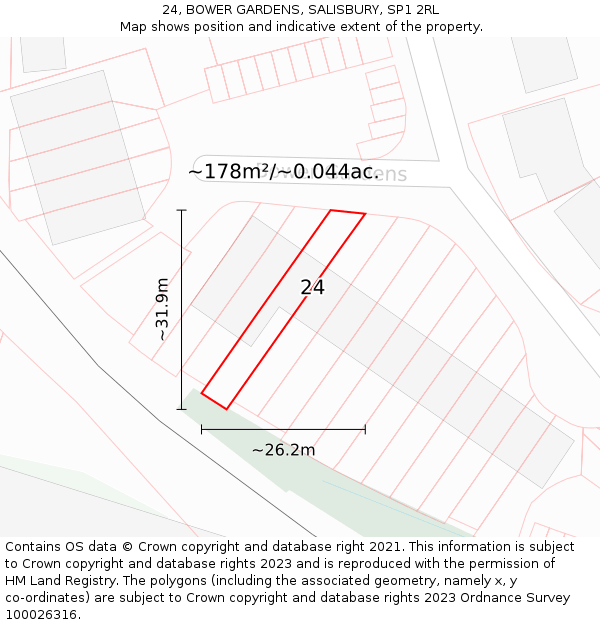 24, BOWER GARDENS, SALISBURY, SP1 2RL: Plot and title map