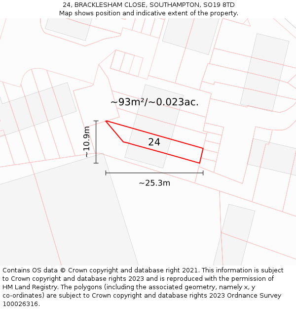 24, BRACKLESHAM CLOSE, SOUTHAMPTON, SO19 8TD: Plot and title map