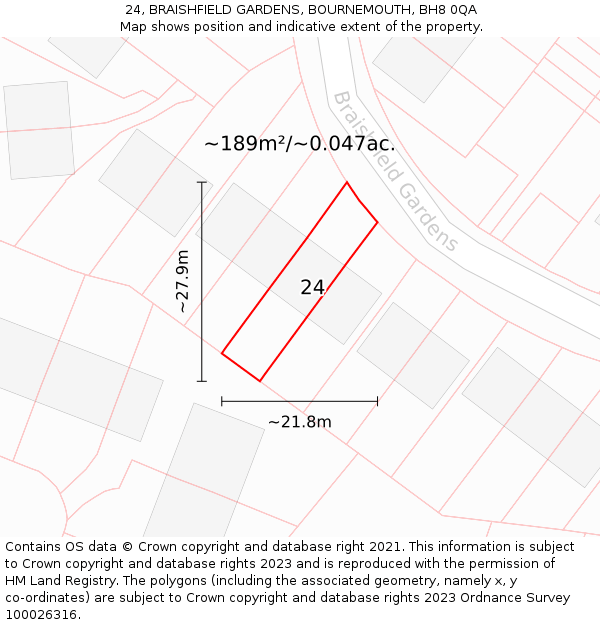 24, BRAISHFIELD GARDENS, BOURNEMOUTH, BH8 0QA: Plot and title map