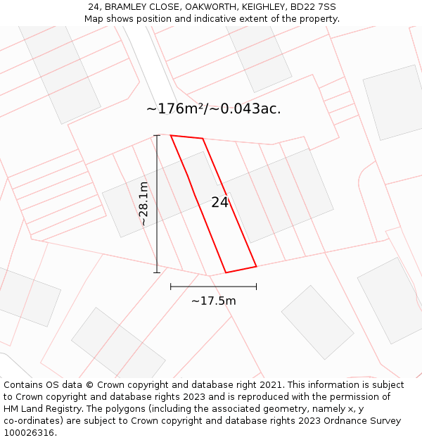 24, BRAMLEY CLOSE, OAKWORTH, KEIGHLEY, BD22 7SS: Plot and title map