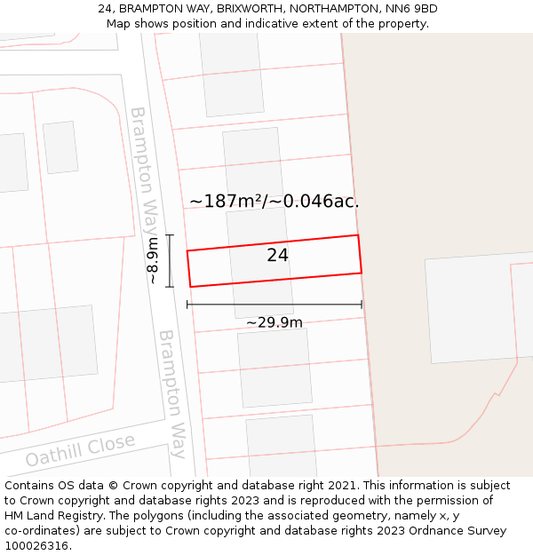 24, BRAMPTON WAY, BRIXWORTH, NORTHAMPTON, NN6 9BD: Plot and title map