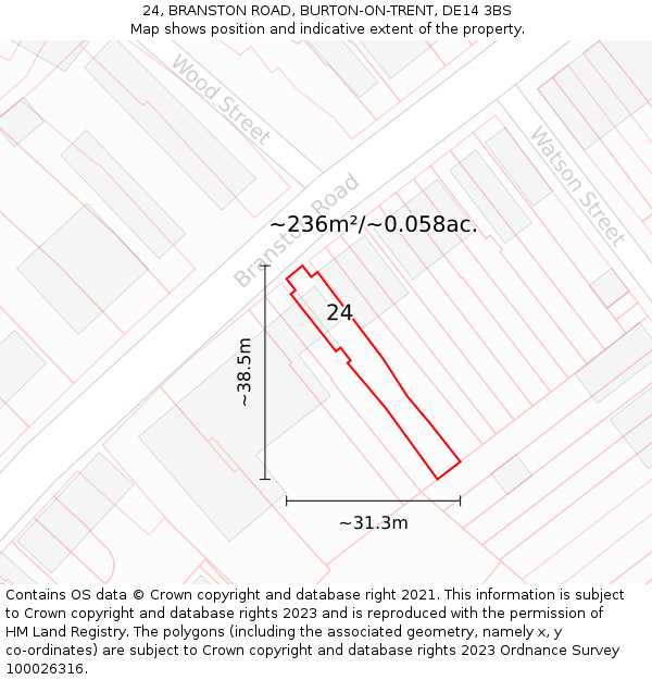 24, BRANSTON ROAD, BURTON-ON-TRENT, DE14 3BS: Plot and title map