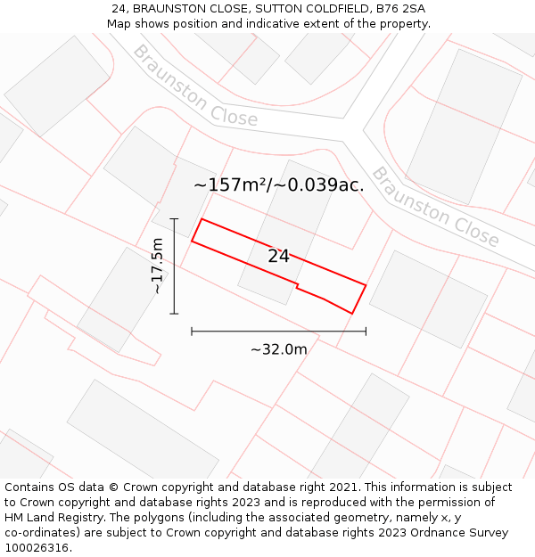 24, BRAUNSTON CLOSE, SUTTON COLDFIELD, B76 2SA: Plot and title map