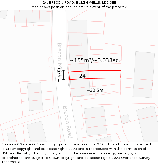 24, BRECON ROAD, BUILTH WELLS, LD2 3EE: Plot and title map
