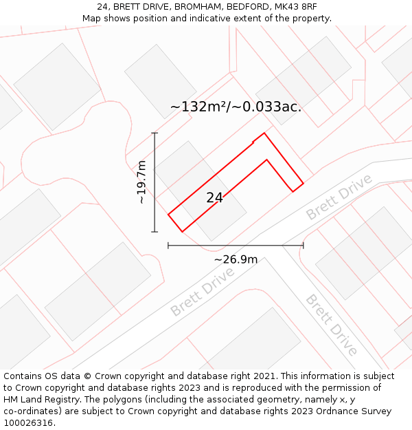 24, BRETT DRIVE, BROMHAM, BEDFORD, MK43 8RF: Plot and title map