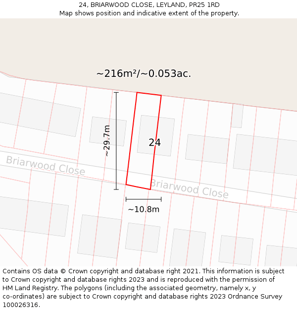 24, BRIARWOOD CLOSE, LEYLAND, PR25 1RD: Plot and title map