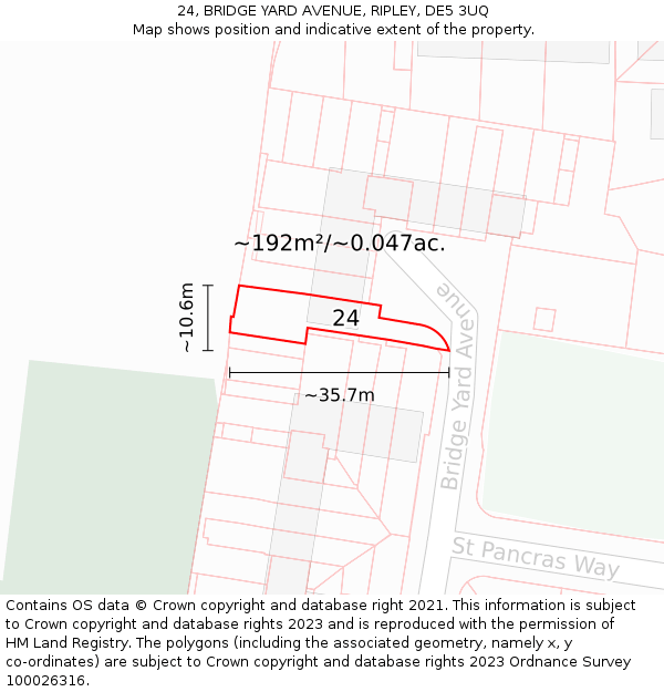 24, BRIDGE YARD AVENUE, RIPLEY, DE5 3UQ: Plot and title map