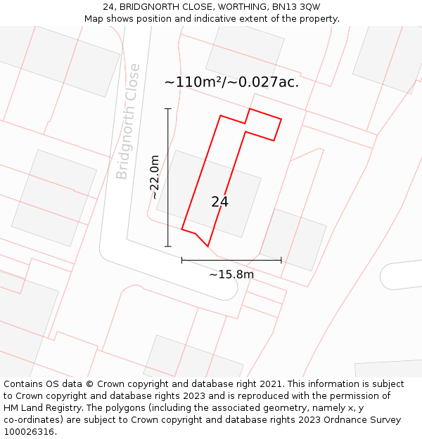 24, BRIDGNORTH CLOSE, WORTHING, BN13 3QW: Plot and title map