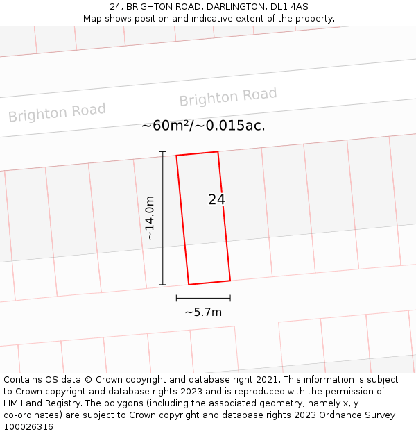 24, BRIGHTON ROAD, DARLINGTON, DL1 4AS: Plot and title map