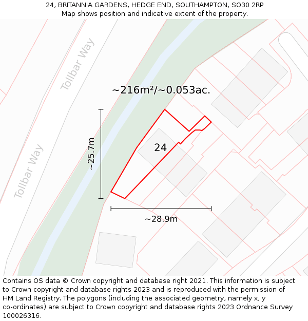 24, BRITANNIA GARDENS, HEDGE END, SOUTHAMPTON, SO30 2RP: Plot and title map