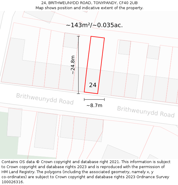 24, BRITHWEUNYDD ROAD, TONYPANDY, CF40 2UB: Plot and title map