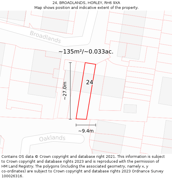 24, BROADLANDS, HORLEY, RH6 9XA: Plot and title map