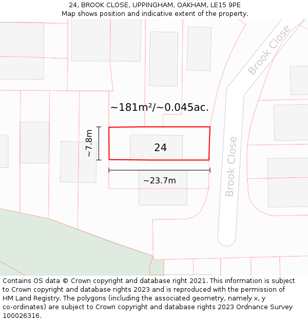 24, BROOK CLOSE, UPPINGHAM, OAKHAM, LE15 9PE: Plot and title map