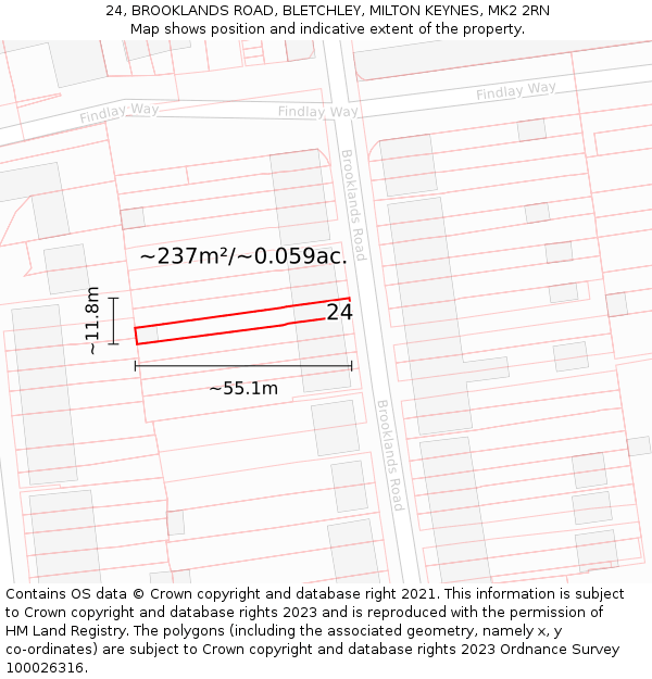 24, BROOKLANDS ROAD, BLETCHLEY, MILTON KEYNES, MK2 2RN: Plot and title map