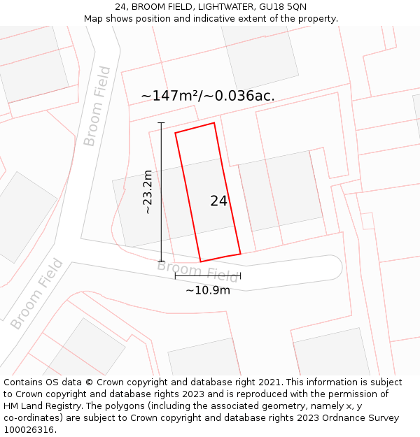 24, BROOM FIELD, LIGHTWATER, GU18 5QN: Plot and title map