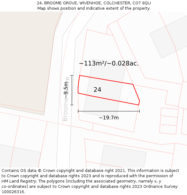 24, BROOME GROVE, WIVENHOE, COLCHESTER, CO7 9QU: Plot and title map