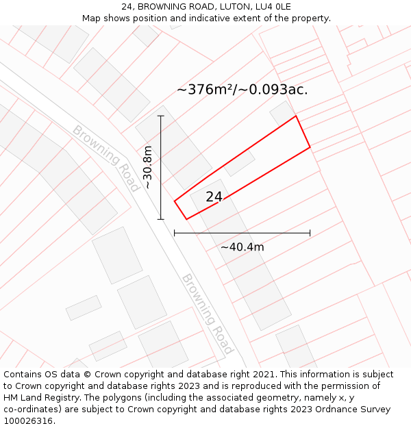 24, BROWNING ROAD, LUTON, LU4 0LE: Plot and title map