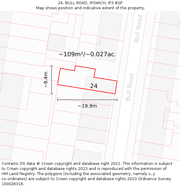 24, BULL ROAD, IPSWICH, IP3 8GP: Plot and title map