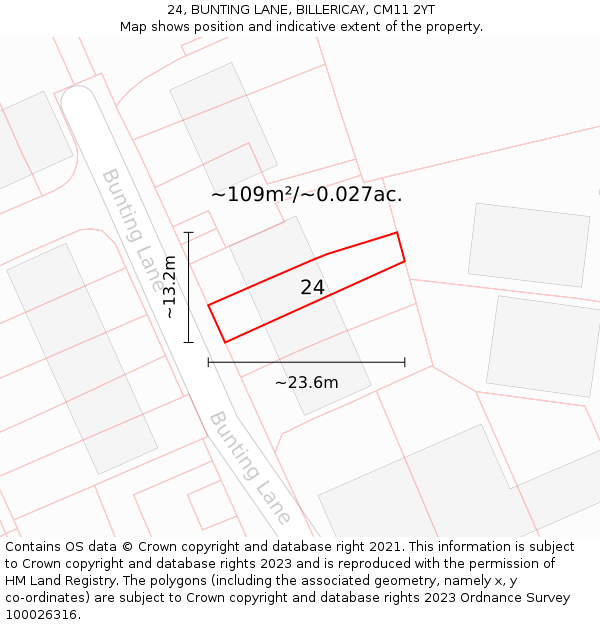 24, BUNTING LANE, BILLERICAY, CM11 2YT: Plot and title map