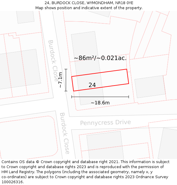 24, BURDOCK CLOSE, WYMONDHAM, NR18 0YE: Plot and title map