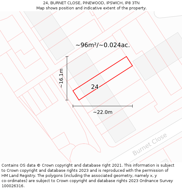 24, BURNET CLOSE, PINEWOOD, IPSWICH, IP8 3TN: Plot and title map