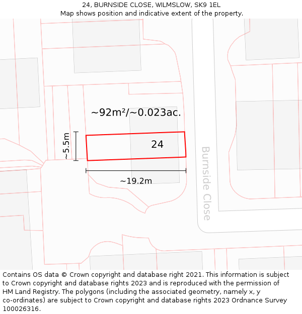 24, BURNSIDE CLOSE, WILMSLOW, SK9 1EL: Plot and title map