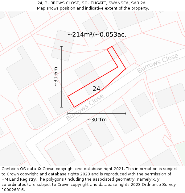 24, BURROWS CLOSE, SOUTHGATE, SWANSEA, SA3 2AH: Plot and title map