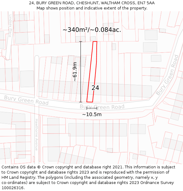 24, BURY GREEN ROAD, CHESHUNT, WALTHAM CROSS, EN7 5AA: Plot and title map