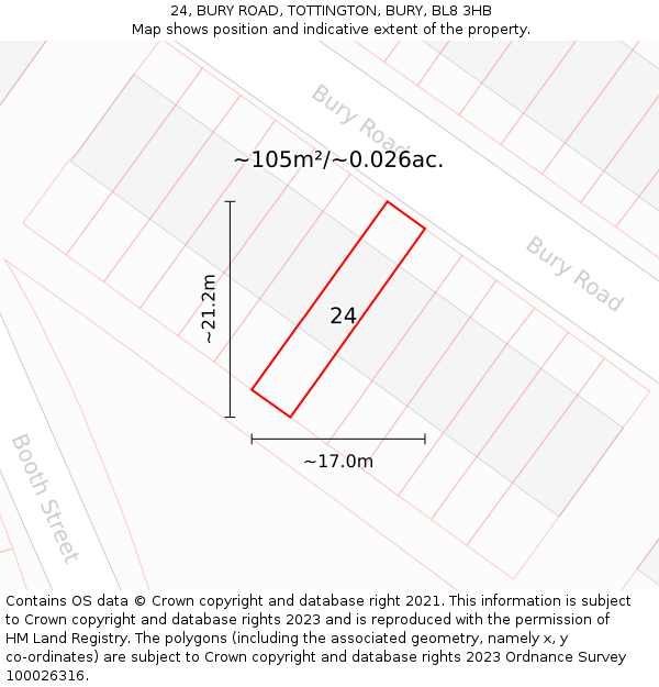 24, BURY ROAD, TOTTINGTON, BURY, BL8 3HB: Plot and title map
